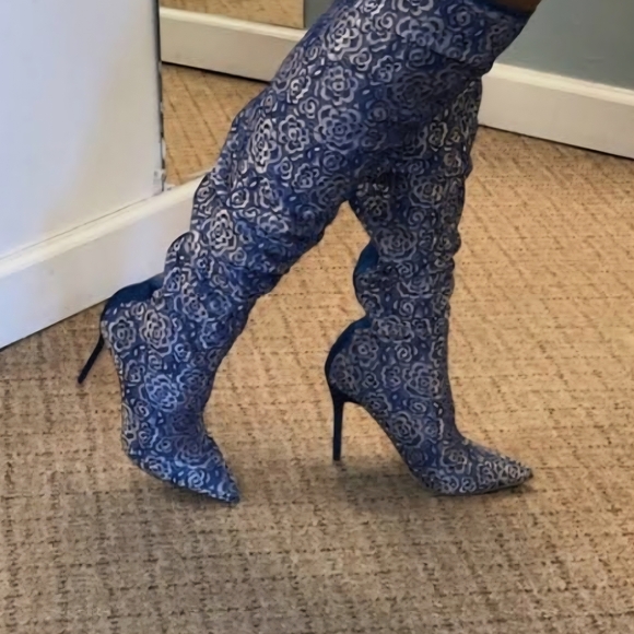 Cape Robbin Shoes - Cape Robbin Blue Patterned Over the Knee Boots